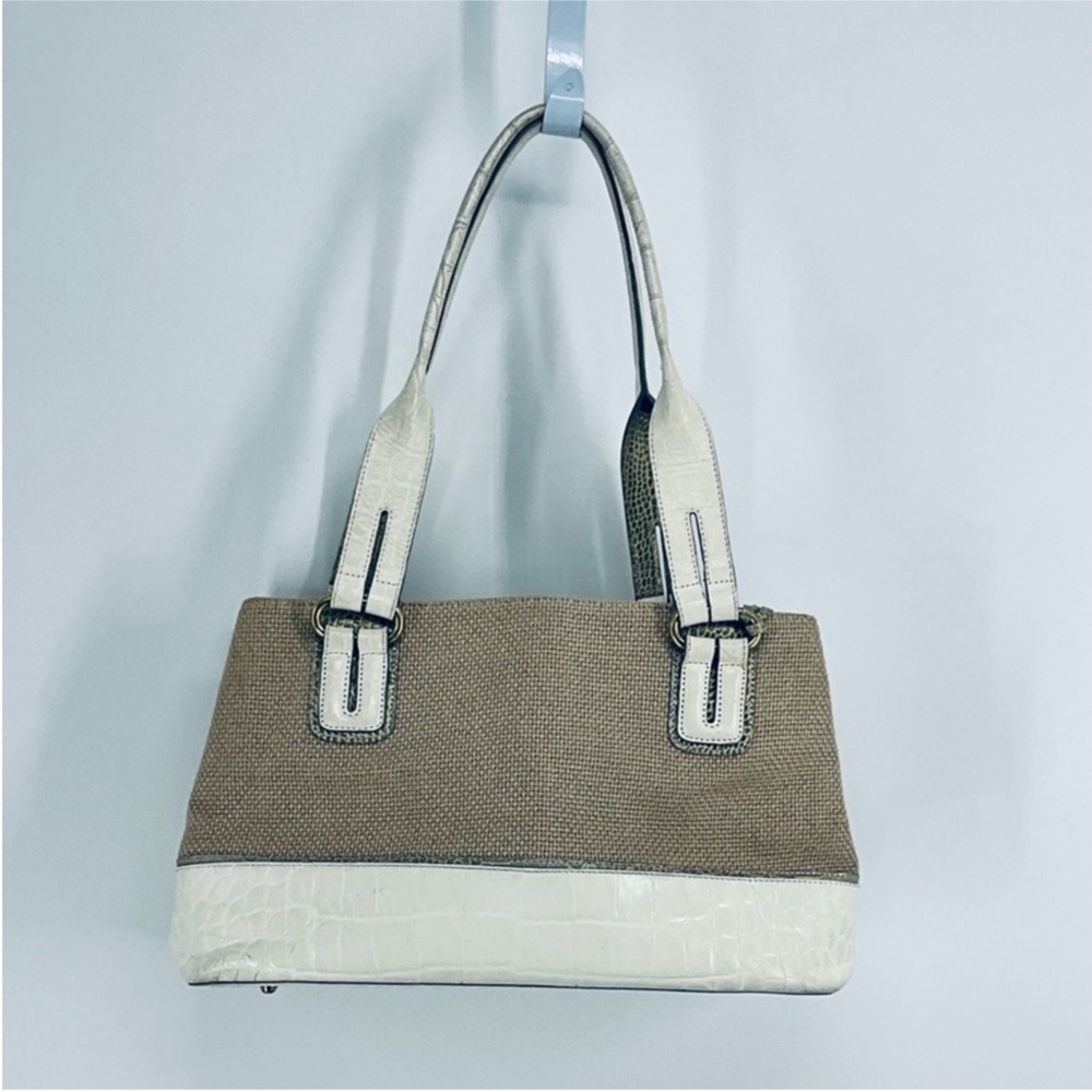 VTG Brahmin Elegant Cream Crox and Tan Burlao multi pocket organizer Handbag
